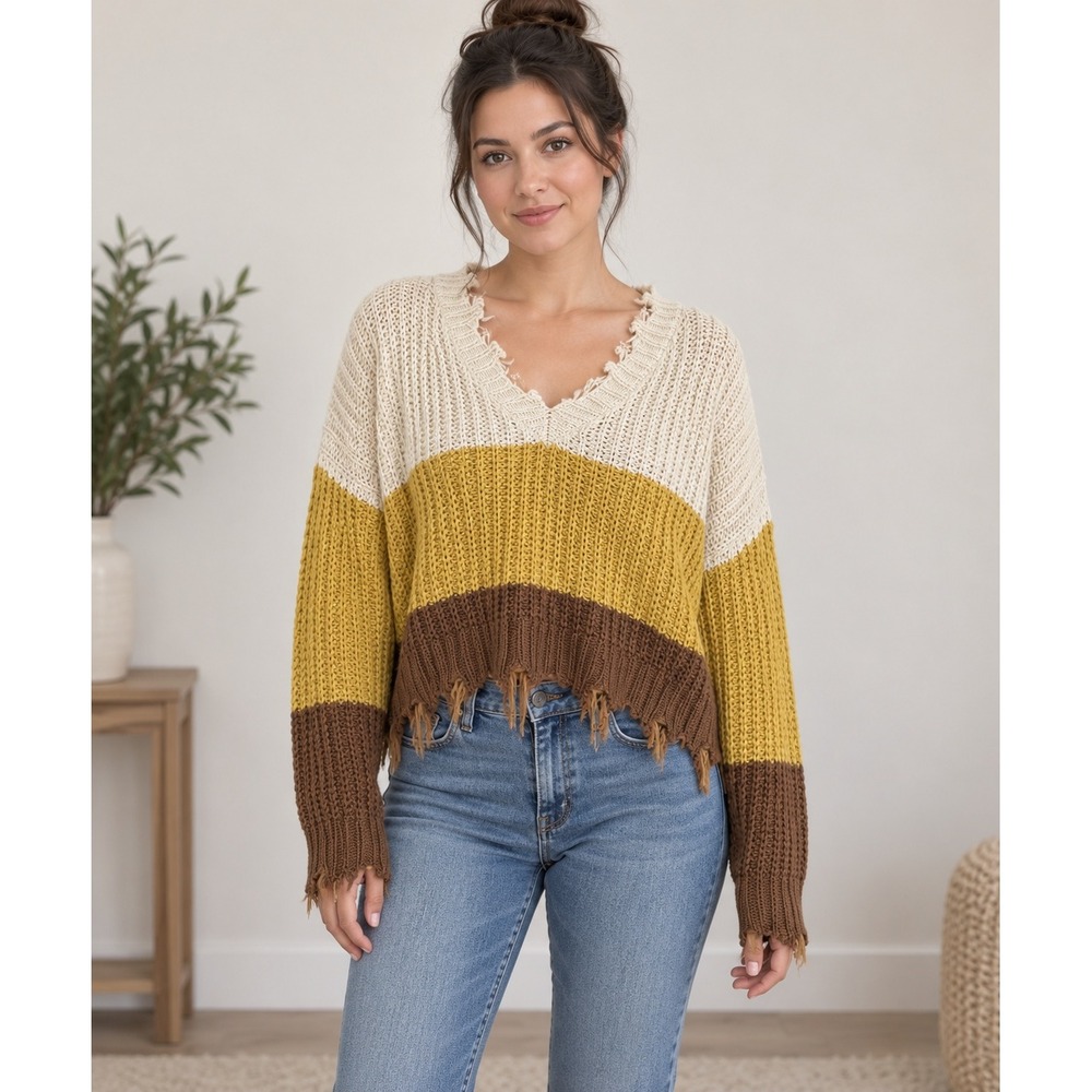 HYFVE Colorblock Distressed Sweater Women Med Yellow Brown Cream Boho Y2K fall